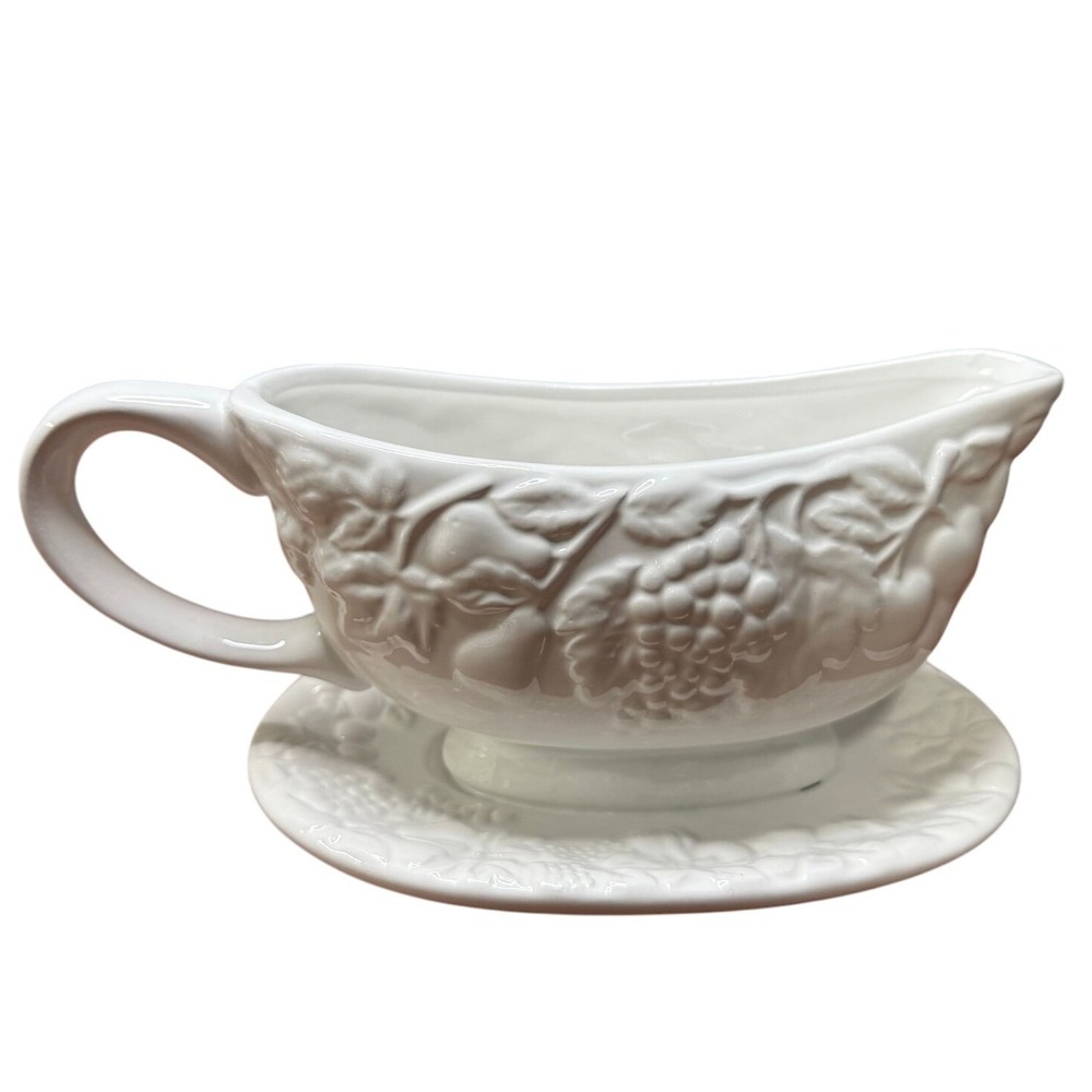 Gibson White Embossed Fruit Gravy Boat & Underplate